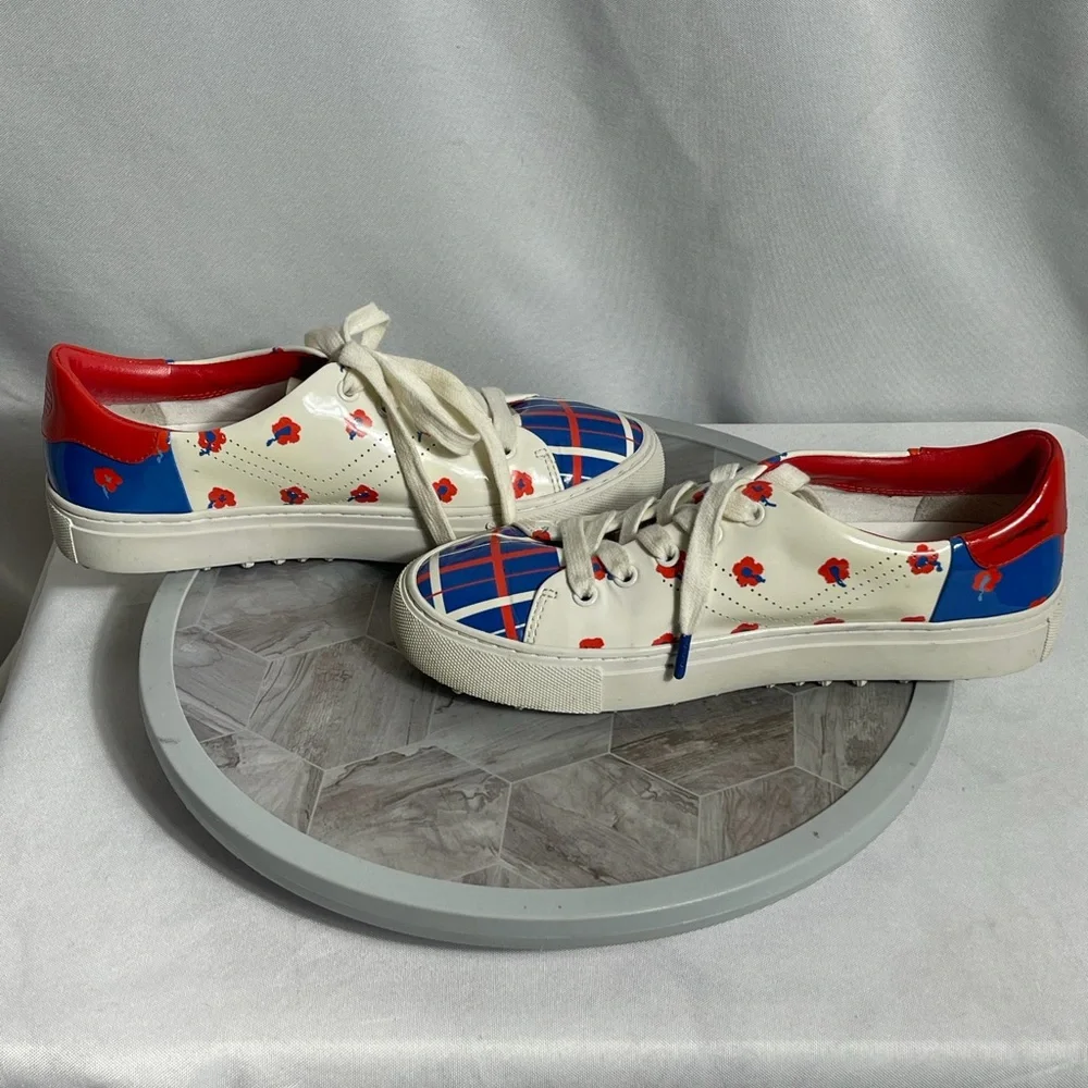 Tory Burch Tory Sport Floral Plaid Sneakers 5.5M Leather Low Top